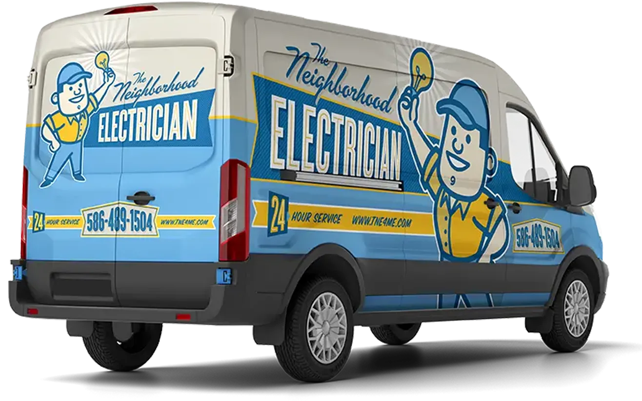 Blue and white electrician service van featuring cartoon electrician holding a light bulb and text 'The Neighborhood Electrician' with 24-hour service and contact number 586-489-1504